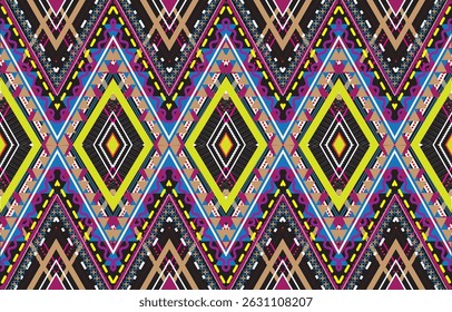 Mexican indian design with tribal ethnic themes on a geometric seamless background Beautiful textile print with native American tribal elements in an ethnic traditional style. Folk fashion from Mexico