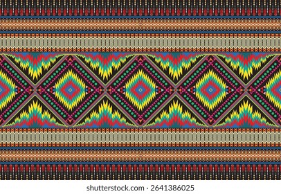 Mexican indian design with tribal ethnic themes on a geometric seamless background Beautiful textile print with native American tribal elements in an ethnic traditional style. Folk fashion from Mexico