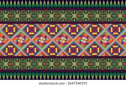 Mexican indian design with tribal ethnic themes on a geometric seamless background Beautiful textile print with native American tribal elements in an ethnic traditional style. Folk fashion from Mexico