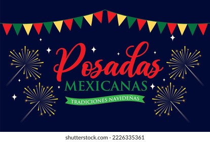 Mexican Inns with fireworks and pennants in the night . vector illustration