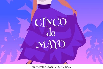 Mexican invitation vector poster against of palm trees landscape. Woman hand holding wavy blue long dress. Cinco de Mayo festival cartoon illustration. Latin, hispanic traditions and culture.