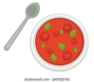 Mexican or italian cuisine including tomatoes and basil leaves. Traditional dishes of mediterranean countries. Gazpacho served in restaurant or diner on breakfast or lunch. Vector in flat style