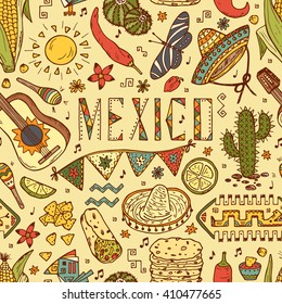 Mexican items. Mexico Vector Seamless pattern. Hand drawn doodle Elements of Mexican Culture. 