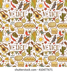 Mexican items. Mexico Vector Seamless pattern. Hand drawn doodle Elements of Mexican Culture. 