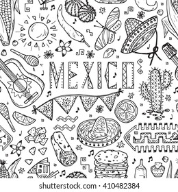 Mexican items. Mexico Vector Seamless pattern. Hand drawn doodle Elements of Mexican Culture. Black and white background