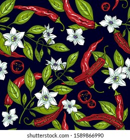 Mexican jalapeno chillies. Seamless pattern. Pepper flowers. The branches of the pepper. Pepper slices. Pepper seeds. Vector illustration.