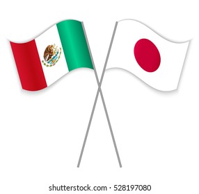 Mexican and Japanese crossed flags. Mexico combined with Japan isolated on white. Language learning, international business or travel concept.