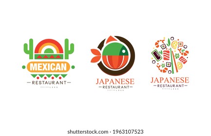 Mexican, Japanese Ethnic Cuisines Restaurant Logo Set, National Food Cafe Label, Emblem, Badge Vector Illustration