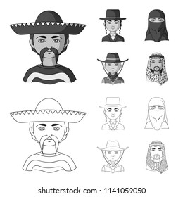 A mexican, a jew, a woman from the middle east, an american. The human race set collection icons in outline,monochrome style vector symbol stock illustration web.