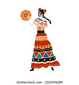 Mexican Katrina playing tambourine for Day of Dead, Dia de los Muertos. Mexico Catrina, woman skeleton with flowers in hair, dancing in dress. Flat vector illustration isolated on white background