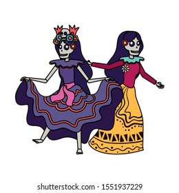 mexican katrinas skulls dancing characters vector illustration design