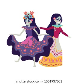 mexican katrinas skulls dancing characters vector illustration design