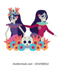 mexican katrinas skulls dancing characters vector illustration design