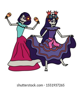 mexican katrinas skulls playing maracas comic characters vector illustration design