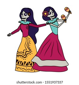 mexican katrinas skulls playing maracas comic characters vector illustration design