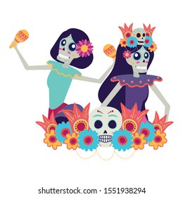 mexican katrinas skulls playing maracas comic characters vector illustration design