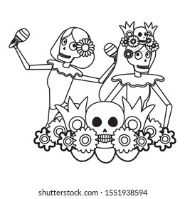 mexican katrinas skulls playing maracas comic characters vector illustration design