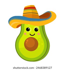 Mexican kawai avocado, guacamole, avocado in sombrero - vector illustration	