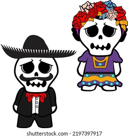 mexican kid skull cartoon couple set illustration in vector format