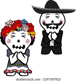 mexican kid skull cartoon couple set illustration in vector format