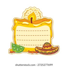 Mexikanische Kinder Memo Note Rahmen von Cartoon Kerze mit geschmolzenem Wachs bilden einen Schreibbereich mit festlichen Elementen wie einem Kalkkeil und einem traditionellen mexikanischen Sombrero. Vektortag der toten Dekoration
