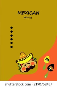Mexican Kids Menu Party ,  Character Sombrero Doodle, Traditional Mexican Food, Doodle Sketch Style Vector Illustration On White Background. 