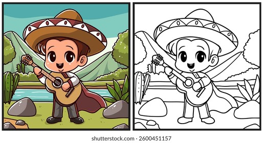 Mexican kids playing guitar coloring page illustration
