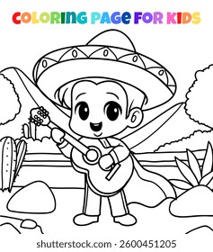 Mexican kids playing guitar coloring page outline illustration
