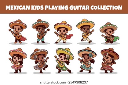 Mexican kids playing guitar vector illustration set