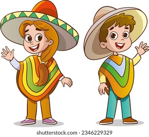 Mexican kids in poncho and sombrero vector illustration