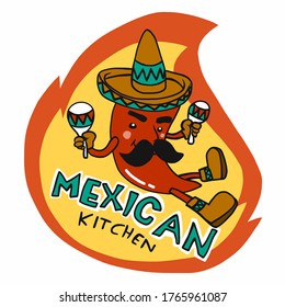 Mexican kitchen logo, chili wear hat cartoon vector illustration
