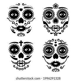 Mexican La Catrina face vector design, Dia de los Muertos or Day of the Dead female skull in black and white. Traditional illustration inspired by retro art from Mexico, Halloween party decor

