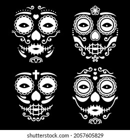 Mexican La Catrina face vector design, Dia de los Muertos or Day of the Dead female skull in white on black background. Traditional illustration inspired by retro art from Mexico, Halloween party 