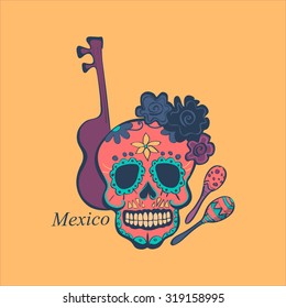 Mexican label and emblem  guitar, skull, maracas. Isolated national elements made in vector.