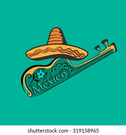 Mexican label and emblem guitar, sombrero. Isolated national elements made in vector.