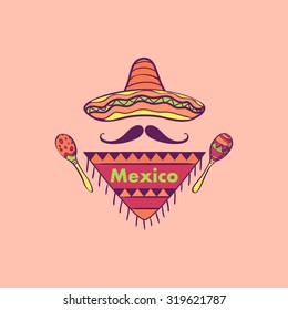 Mexican label and emblem- sombrero, maracas, mustaches. Isolated national elements made in vector.