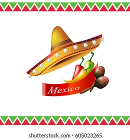 Mexican label with traditional sombrero. Vector illustration