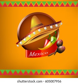 Mexican label with traditional spicy, maracas and sombrero. Vector illustration