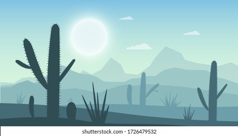 Mexican landscape desert with cacti, mountains and sun vector background.