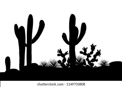 Mexican landscape with saguaro, prickly pear, agaves, and stones. Vector illustration. black and white stylish banner