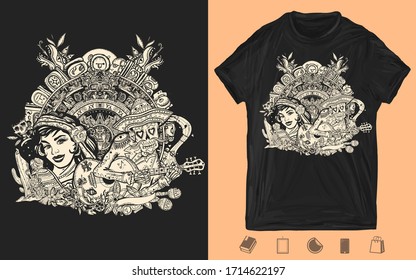 Mexican latin woman in ancient clothes skeleton with guitar and sun stone. Mexican art. Love story. One color creative print for dark clothes. T-shirt design. Template for posters, textiles, apparels