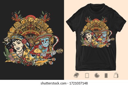 Mexican latin woman in ancient clothes, skeleton with guitar and sun stone. Love story. Creative print for dark clothes. T-shirt design. Template for posters, textiles, apparels 