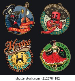 Mexican Leisure Colorful Vintage Round Emblems Set With Skeleton Musician Playing Trumpet, Cheerful Chili Pepper Playing Guitar, Mustachioed Sun In Sombrero, Woman In Dress Dancing, Vector