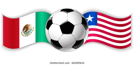Mexican and Liberian wavy flags with football ball. Mexico combined with Liberia isolated on white. Football match or international sport competition concept.