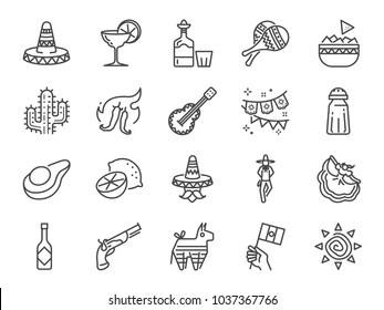 Mexican Line Icon Set. Included The Icons As Maracas, Pinata, Traditional Hat, Nacho, Spicy Sauce, Cactus, Flamenco Dance, Liquor And More.