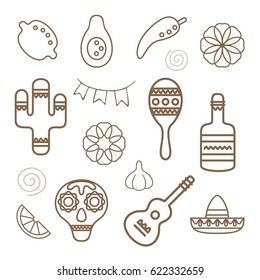 Mexican line icons collection. Stylized marigold flowers, cactus, maraca, sombrero, skull, chili pepper, lemon, tequila bottle, garlic, guitar, avocado, flags, one color symbols. Vector illustration.