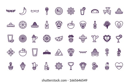 Mexican line style icon set design, Mexico culture tourism landmark latin and party theme Vector illustration