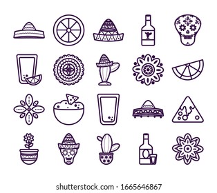 Mexican line style icon set design, Mexico culture tourism landmark latin and party theme Vector illustration