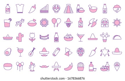 Mexican line style icon set design, Mexico culture tourism landmark latin and party theme Vector illustration