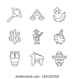 Mexican linear icons set. Latin american national music, dance, food, nature, fun, people. Cinco de Mayo festival. Thin line contour symbols. Isolated vector outline illustrations. Editable stroke